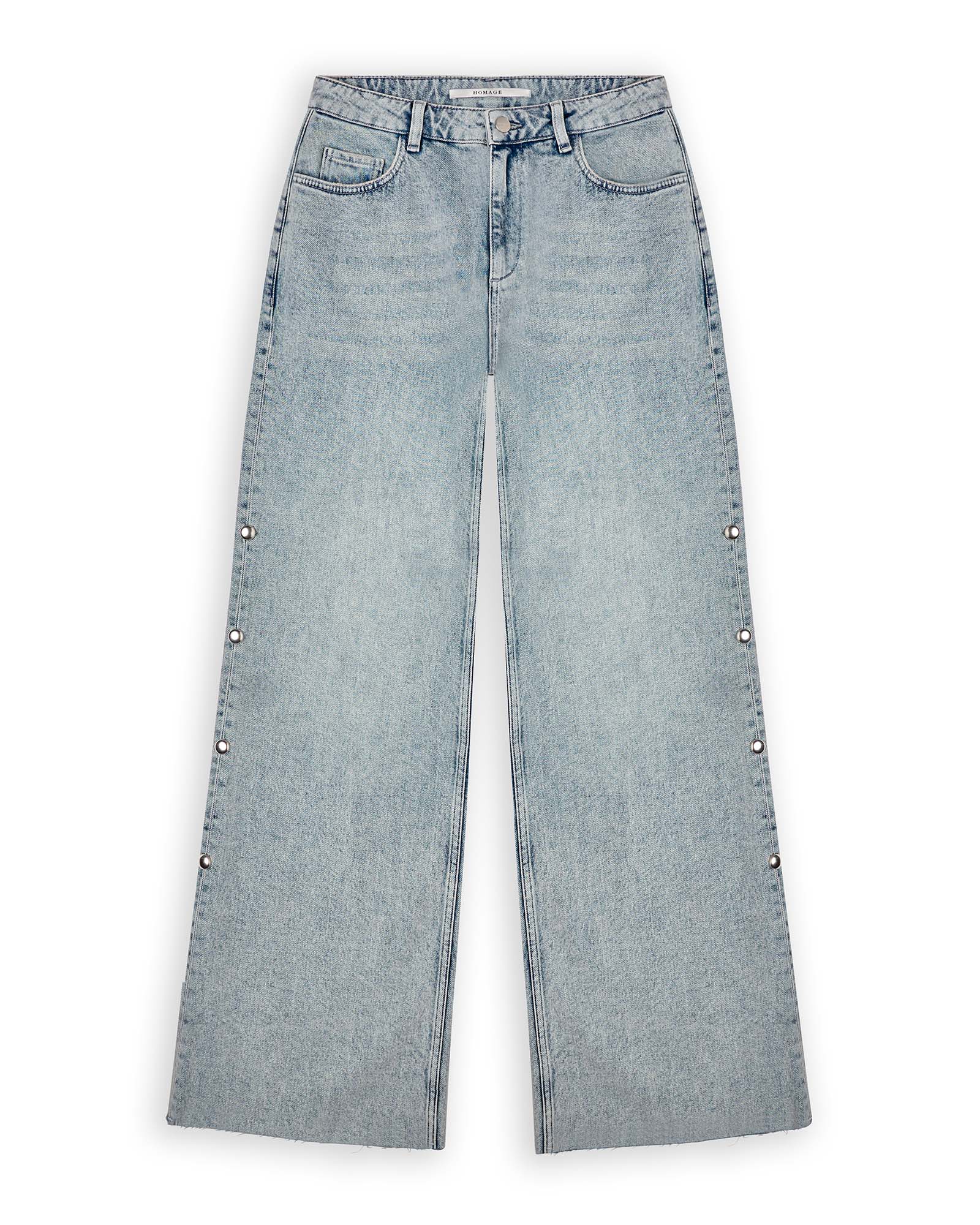 Homage To Denim Mid Waist Wide Leg Jeans With Big Studs