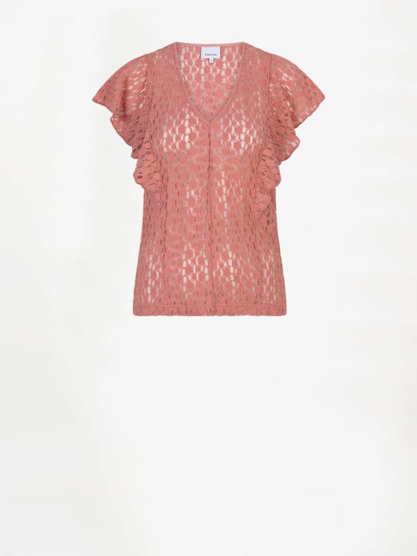 Dante6 Viev lace volant top in coral blush met fijn kant en speelse volant details voor een elegante, vrouwelijke uitstraling.