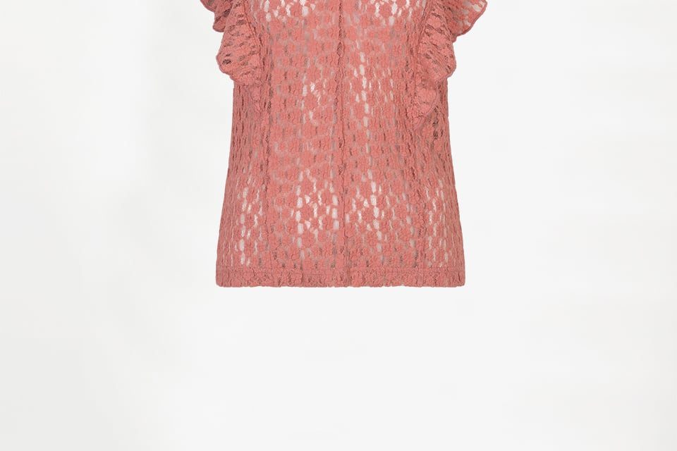 Dante6 Viev lace volant top in coral blush met fijn kant en speelse volant details voor een elegante, vrouwelijke uitstraling.