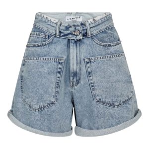 Bleached Denim Flip Waist Shorts van Haute L'Amitié met omgeslagen tailleband en moderne fit, stijlvolle dames short met edgy uitstraling.