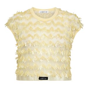 Lichtgele Limone crop top van Haute L'Amitié met cropped lengte en aansluitende pasvorm, zomerse dames top met frisse uitstraling.