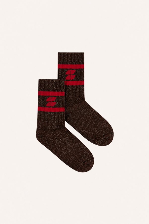 BY-BAR-Logo-Glitter-Chocolate-Socks-Lollipop-26418403 BY-BAR Logo Glitter Chocolate Socks in bruin met Lollipop roze glitterlogo, zachte damessokken met speels lurex detail.
