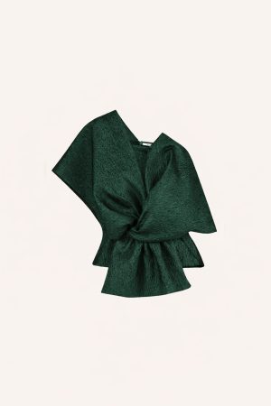 BY-BAR Jula Metallic Top in Green Metallic met aansluitende fit en off-shoulder halslijn, elegante dames top met metallic glans.