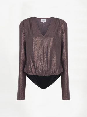 Dante6 Griffin Metallic Jersey Body met aansluitende pasvorm en metallic glans, stijlvolle dames body voor een elegante statement look.