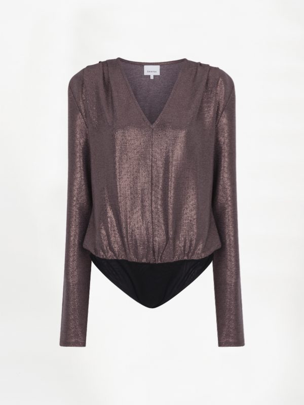Dante6 Griffin Metallic Jersey Body met aansluitende pasvorm en metallic glans, stijlvolle dames body voor een elegante statement look.