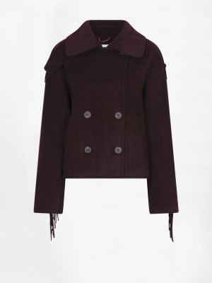 Dante6 Haven Fringe Coat 263100-7476 in Dark Plum, losvallende damesjas van wolmix met dubbele knoopsluiting en franjes langs mouwen en achterzijde.
