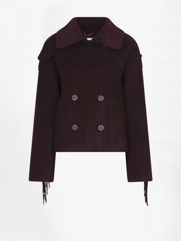 Dante6 Haven Fringe Coat 263100-7476 in Dark Plum, losvallende damesjas van wolmix met dubbele knoopsluiting en franjes langs mouwen en achterzijde.