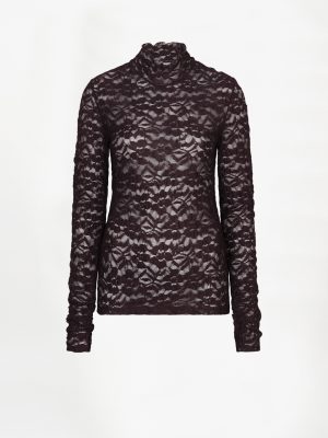 Dante6 Irony Lace Turtle Neck Top in Dark Plum, donkerpaarse transparante kanten dames top met hoge hals.