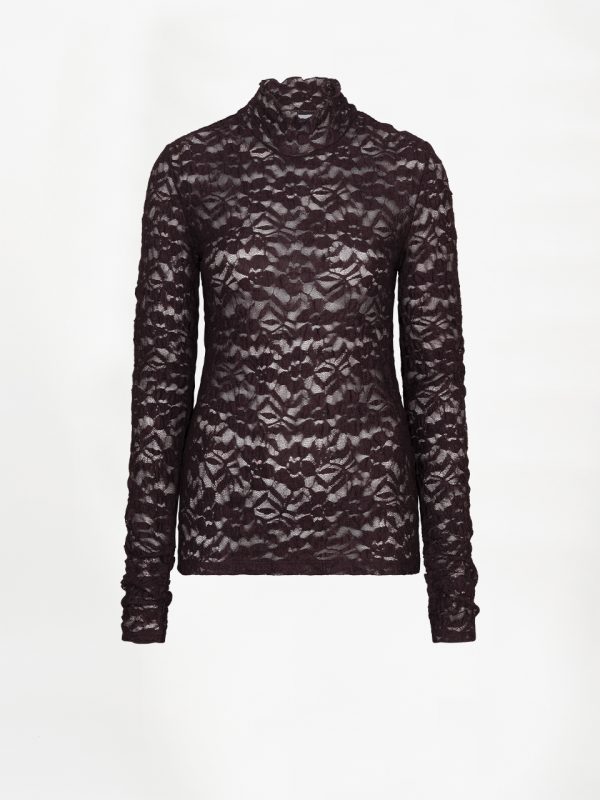 Dante6 Irony Lace Turtle Neck Top in Dark Plum, donkerpaarse transparante kanten dames top met hoge hals.