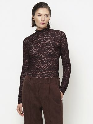 Dante6 Irony Lace Turtle Neck Top in Dark Plum, donkerpaarse transparante kanten dames top met hoge hals.