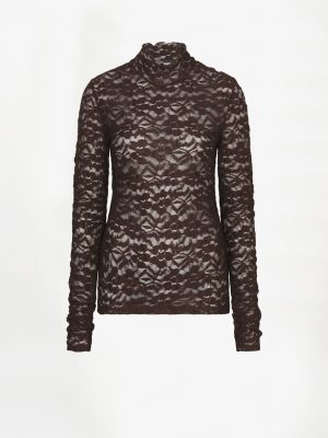 Dante6 Irony Lace Turtle Neck Top in donkerbruin, transparante kanten dames top met hoge col en vrouwelijke pasvorm.