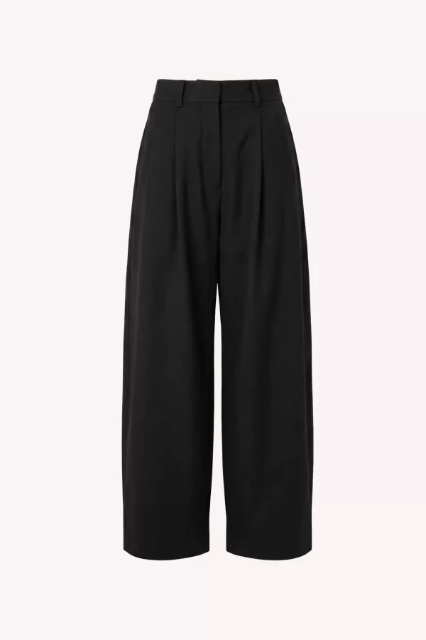 by-bar Jule Herringbone Pants in Black, zwarte high-waist damesbroek met loose fit en subtiele visgraatstructuur.