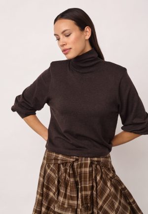 Co’Couture CoryCC Padded Roll-Neck Knit 500213 in Dark Brown, donkerbruine dames coltrui met lange mouwen en padded shoulders.