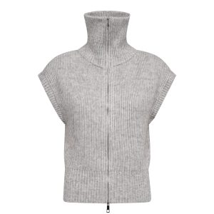 Co’Couture RowCC Zip Knit Vest 500028 in Grey Melange, mouwloos grijs gebreid damesvest met hoge kraag en ritssluiting.