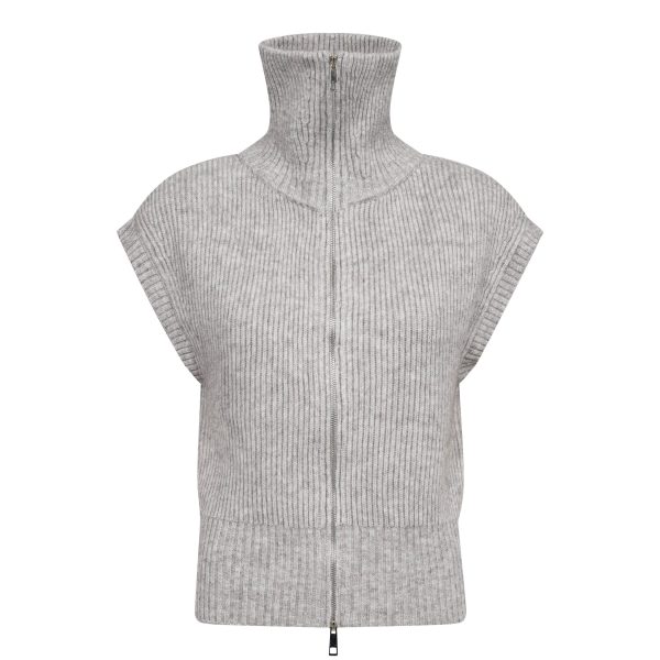500028-RowCC-Zip-Knit-Vest-65006-11 Co’Couture RowCC Zip Knit Vest 500028 in Grey Melange, mouwloos grijs gebreid damesvest met hoge kraag en ritssluiting.