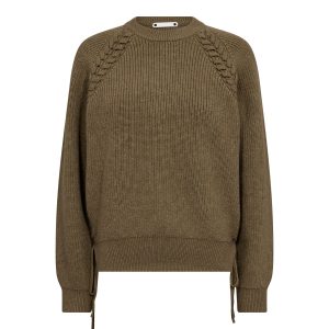 Co’Couture RowCC Braid String Knit 500081 in Army, olijfgroene ribgebreide damestrui met gevlochten koord- en strikdetails.