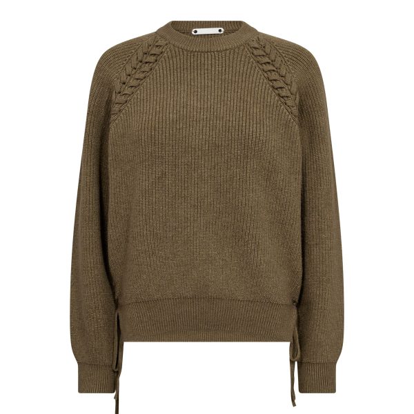 Co’Couture RowCC Braid String Knit 500081 in Army, olijfgroene ribgebreide damestrui met gevlochten koord- en strikdetails.