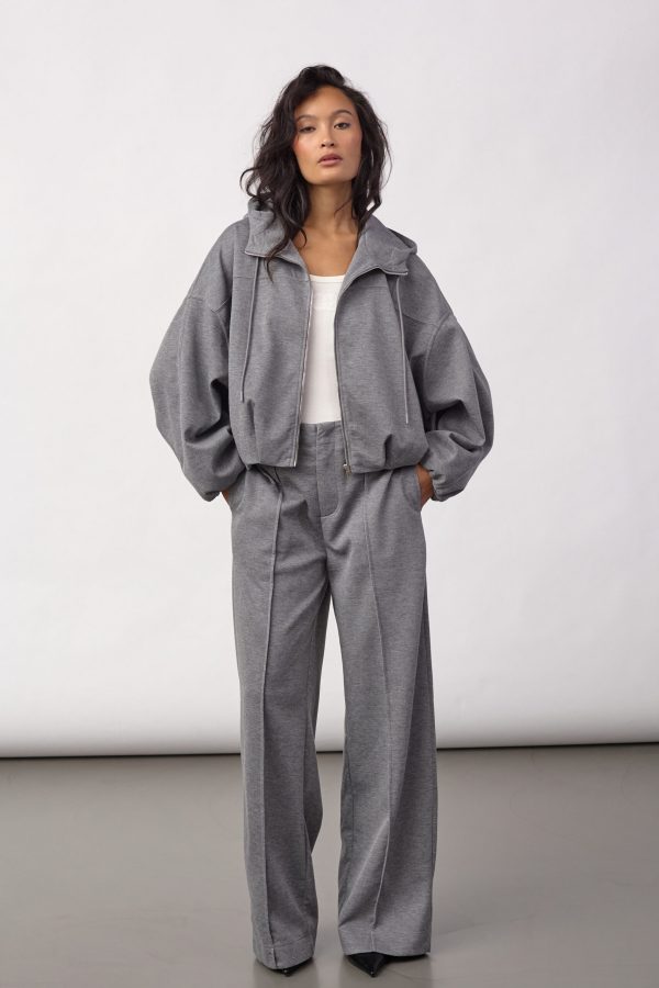 Co’Couture LanceCC Balloon Hoodie 500090 in Mid Grey Melange, oversized grijze dames hoodie met rits, capuchon en volumineuze ballonmouwen.