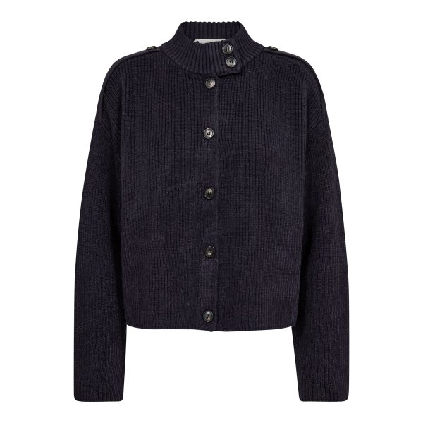 Co’Couture RowCC Rib Zip Roll-Neck Knit 500271-40007 in Navy, donkerblauwe ribgebreide damestrui met hoge ritskraag en relaxed fit.