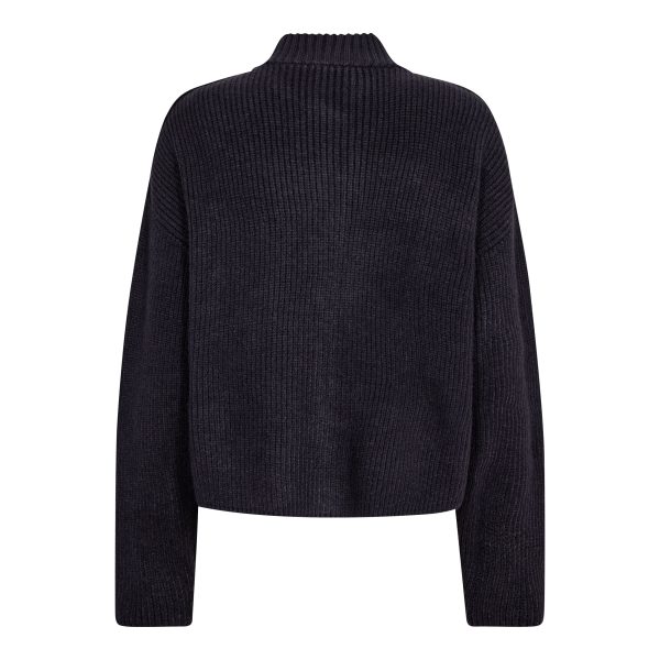 Co’Couture RowCC Rib Zip Roll-Neck Knit 500271-40007 in Navy, donkerblauwe ribgebreide damestrui met hoge ritskraag en relaxed fit.