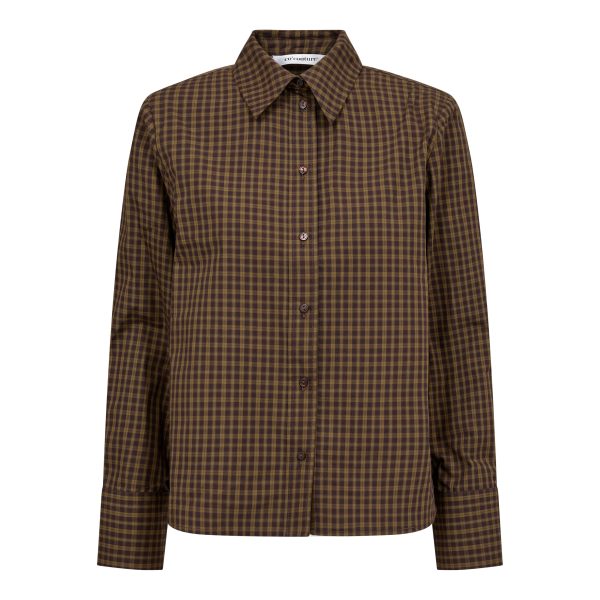 Co’Couture TeffaCC Padded Check Shirt 500196 in Olive, groen-bruin geruite damesblouse met lange mouwen en padded shoulders.