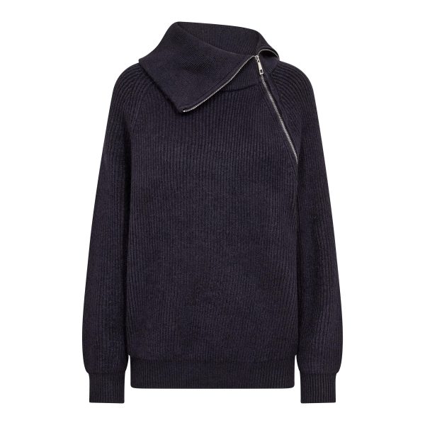 Co’Couture RowCC Rib Zip Roll-Neck Knit 500271-40007 in Navy, donkerblauwe ribgebreide damestrui met hoge ritskraag en relaxed fit.