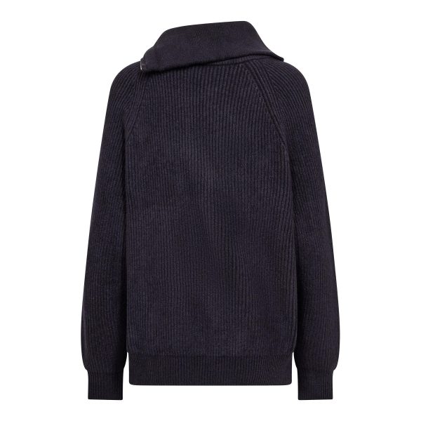 Co’Couture RowCC Rib Zip Roll-Neck Knit 500271-40007 in Navy, donkerblauwe ribgebreide damestrui met hoge ritskraag en relaxed fit.