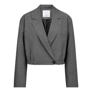 Co’Couture JackyCC Crop Blazer 500289 in Mid Grey, korte grijze damesblazer met reverskraag, knoopsluiting en elastische taille.