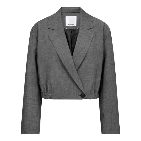 Co’Couture JackyCC Crop Blazer 500289 in Mid Grey, korte grijze damesblazer met reverskraag, knoopsluiting en elastische taille.