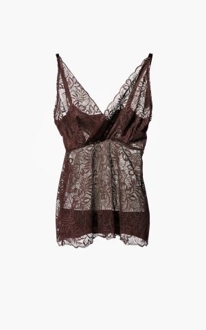 Aímée The Label VivianW6 Lace Top in Brown, bruine mouwloze dames top van verfijnd kant met aansluitende pasvorm.