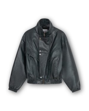 Homage Crocodile Bomber Jacket in Dark Forest Green, oversized donkergroene dames bomber van imitatieleer met croco reliëf en hoge kraag.