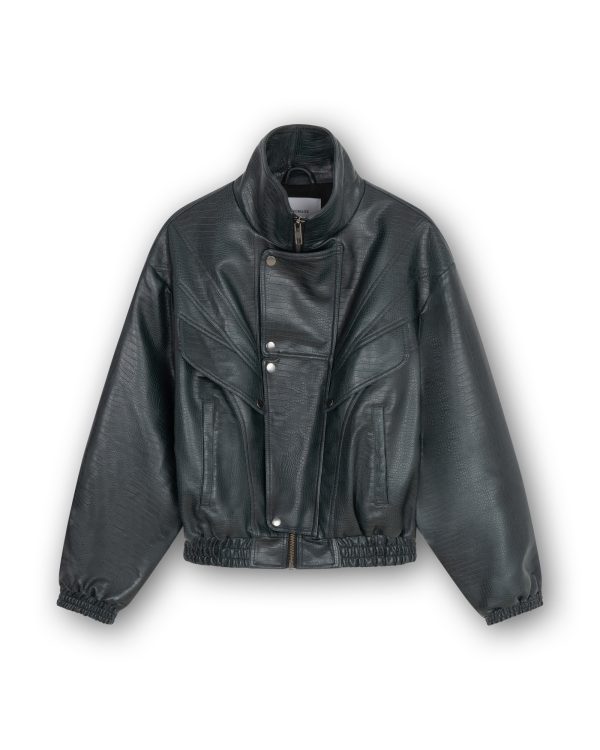 Homage Crocodile Bomber Jacket in Dark Forest Green, oversized donkergroene dames bomber van imitatieleer met croco reliëf en hoge kraag.