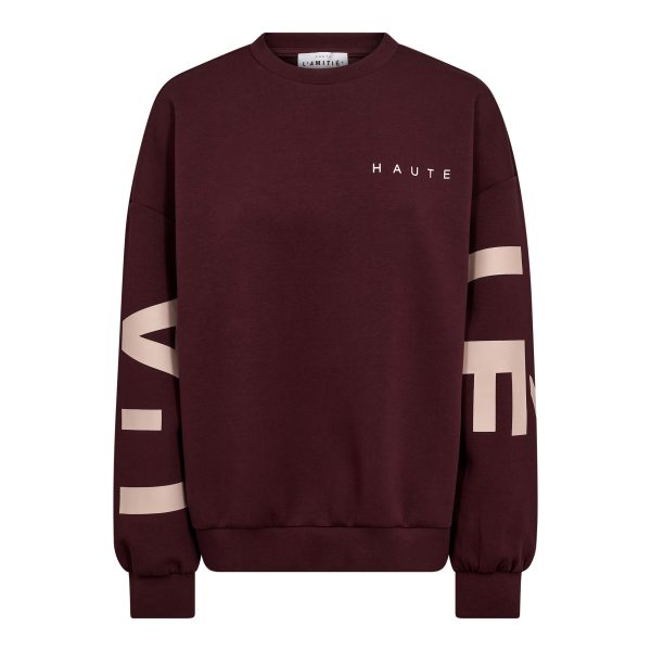 Haute L'Amitié Maxi Split Logo Sweat in bordeaux met oversized fit en logo detail, trendy dames sweater met sportieve uitstraling.