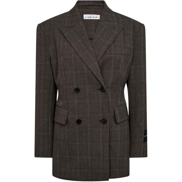 Haute-L-Amitié-Premiere-Waist-Fit-Check-Blazer-HL10844_Mocca Haute L'Amitié Premiere Waist Fit Check Blazer, geruite damesblazer met getailleerde pasvorm en vrouwelijke uitstraling.