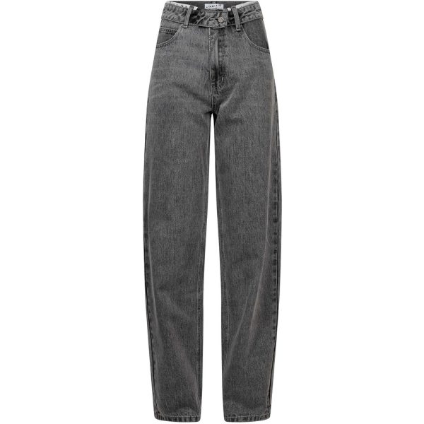 Haute L'Amitié Flip Barrel Grey Tall Jeans HL10860, lange grijze dames barrel jeans met lichte wassing en opvallende omslagtaille.