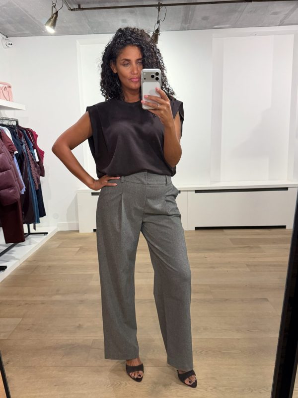 Aímée The Label VeniceW6 Trousers in Grey, grijze dames pantalon met straight-leg pasvorm en plooien aan de voorzijde.