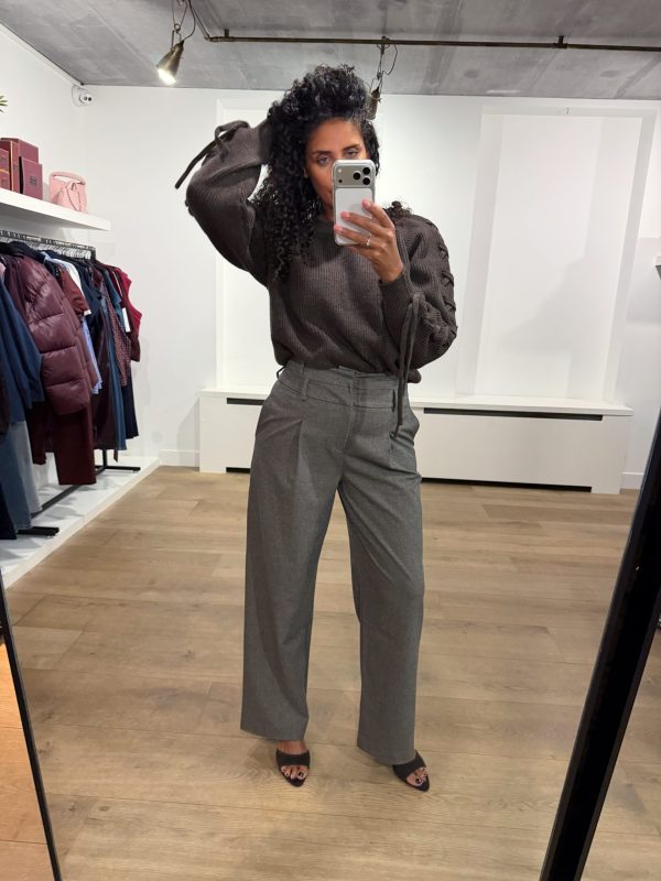 Aímée The Label VeniceW6 Trousers in Grey, grijze dames pantalon met straight-leg pasvorm en plooien aan de voorzijde.