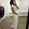 Co-Couture-CalinCC-Pants-500117 Co’Couture CalinCC Pant 500117 in Creme, high-waist dames pantalon met wijde pijpen, gebogen naaddetail en subtiele visgraatstructuur.