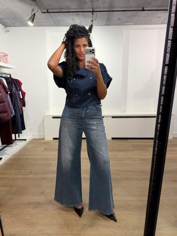 Homage Extra Wide Leg Jeans With Double Cords H-CW26M52 in Greyish Blue, high-waist damesjeans met extra wijde pijpen en dubbele denim koorden.