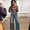 Homage Extra Wide Leg Jeans With Double Cords H-CW26M52 in Greyish Blue, high-waist damesjeans met extra wijde pijpen en dubbele denim koorden.