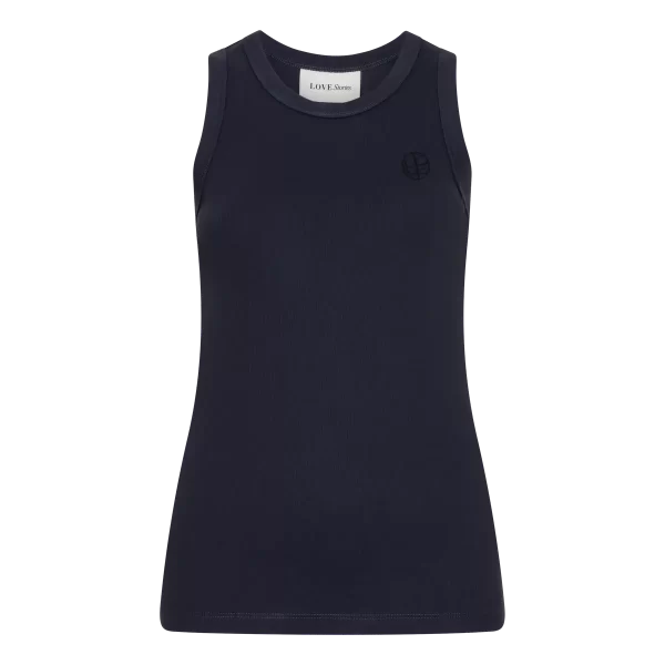 Love-Stories-Bella-Tank-Top-Dark-Blue-L265300663_P Love Stories Bella Classic Tank Top in Dark Blue, mouwloze katoenen dames top met stretch en relaxte pasvorm.