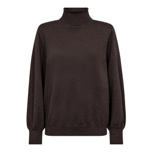 Co’Couture CoryCC Padded Roll-Neck Knit 500213 in Dark Brown, donkerbruine dames coltrui met lange mouwen en padded shoulders.