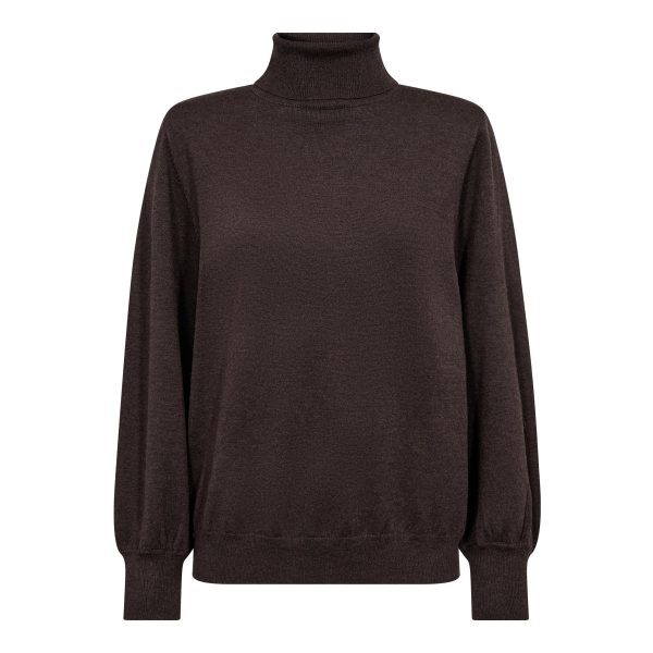 Co’Couture CoryCC Padded Roll-Neck Knit 500213 in Dark Brown, donkerbruine dames coltrui met lange mouwen en padded shoulders.