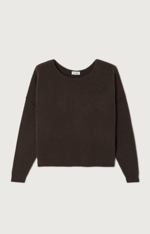 American Vintage Damsville DAM225H26 in donkerbruin gemêleerd, zachte oversized damestrui met boothals en fluffy knit.