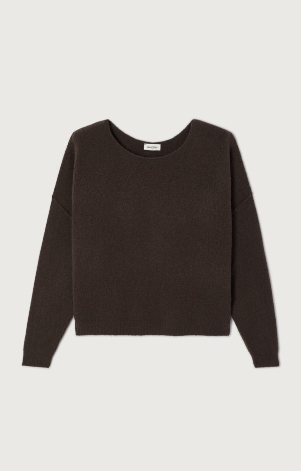 American-Vintage-Trui-Damsville-DAM225H26BRCHI American Vintage Damsville DAM225H26 in donkerbruin gemêleerd, zachte oversized damestrui met boothals en fluffy knit.