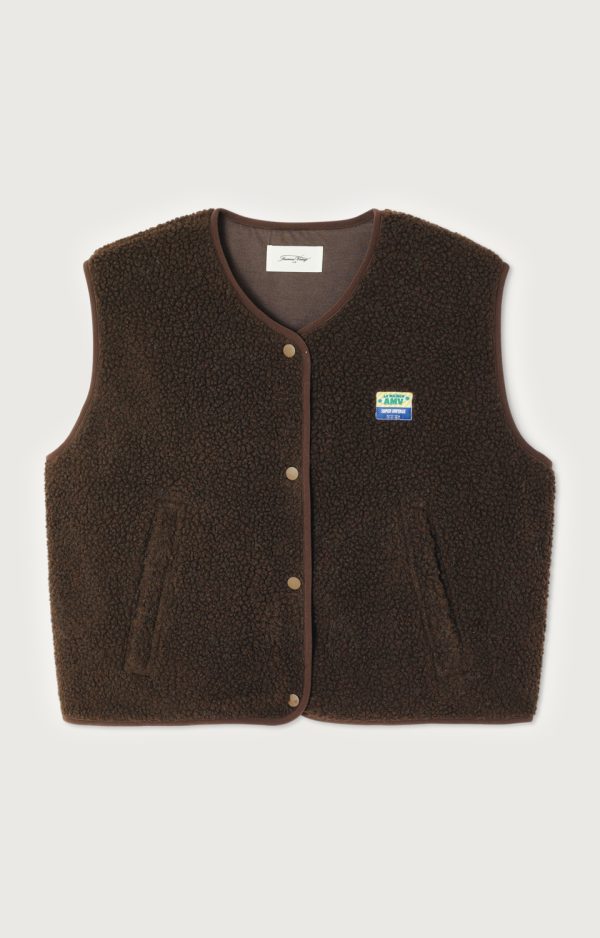 American Vintage Hoktown Teddy Vest in Marronnier Chiné, donkerbruin mouwloos dames gilet met zachte teddystructuur en relaxte pasvorm.