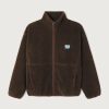 American Vintage Hoktown in Marronnier Chiné, donkerbruin oversized teddy dames vest met lange mouwen, opstaande kraag en ritssluiting.