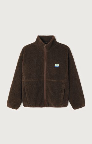 American Vintage Hoktown in Marronnier Chiné, donkerbruin oversized teddy dames vest met lange mouwen, opstaande kraag en ritssluiting.