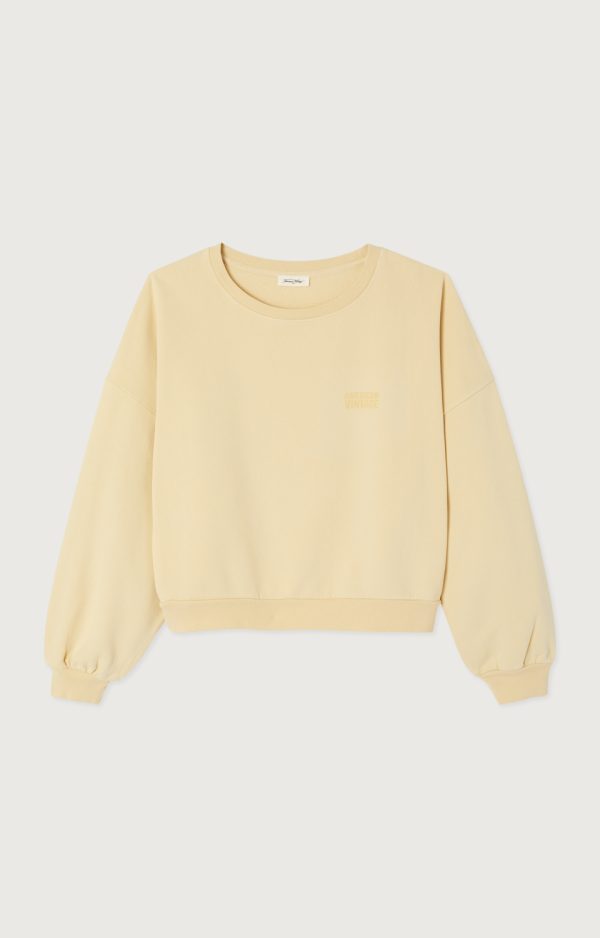 American Vintage Jitbay dames sweater in Limonade Vintage, zachtgele oversized katoenen sweater met verwassen vintage finish.