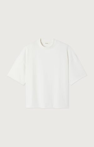 American Vintage Afoma AFO02DH26 in Blanc, wit oversized dames T-shirt van stevig katoen met korte mouwen en ronde hals.